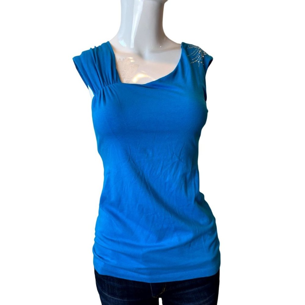 Express Women Ruched Beaded Shoulder Bling Tank Blouse Scoop Neck Blue Small